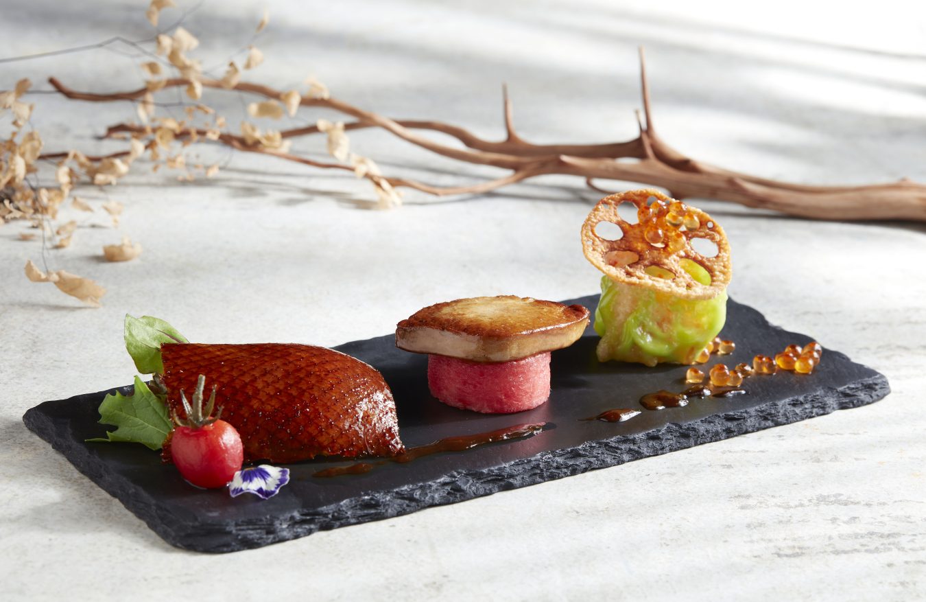 Majestic Trio Combination of Peking Duck, Pan Seared Foie Gras And Wasabi Prawn
